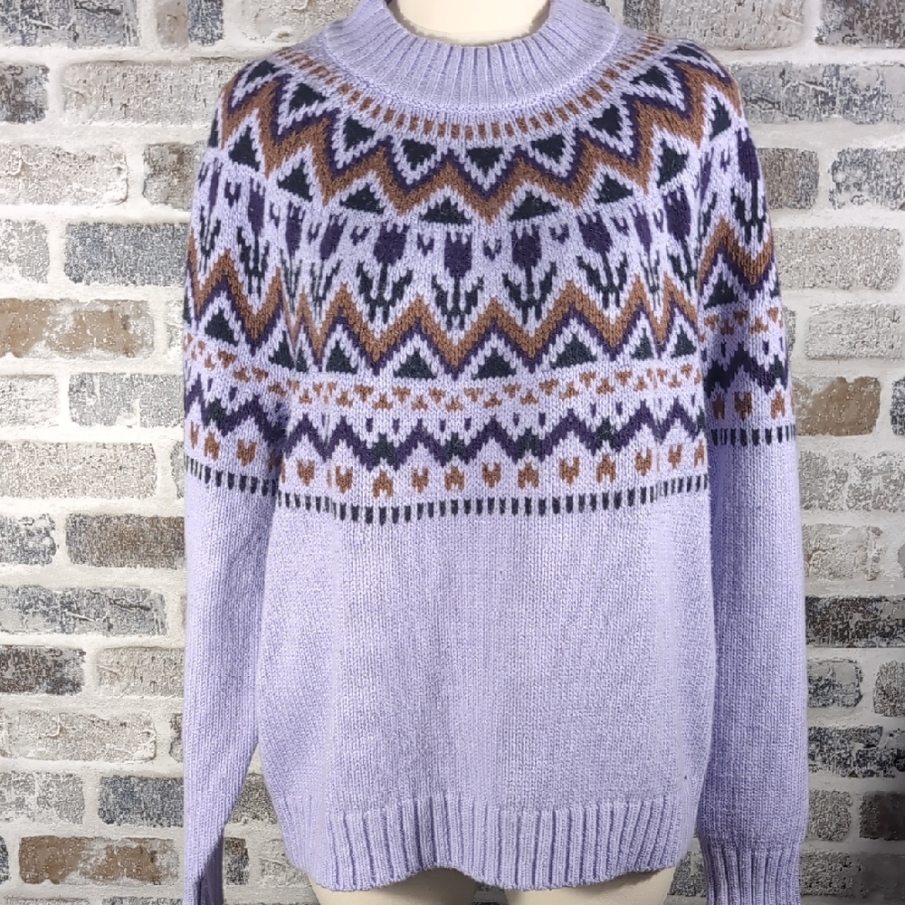 Land's End Cozy Fair Isle Yoke Mock Neck Sweater, Sz.LP.